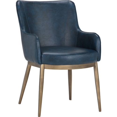 Franklin Dining Arm Chair in Vintage Blue Leatherette & Brass Steel